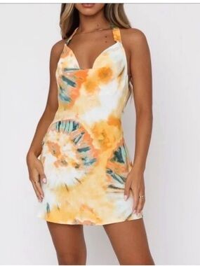 White Fox Boutique Orange & Teal Tie-Dye Halter Mini Dress